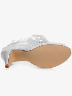 Chaussures de mariée à talons en dentelle blanc avec ruban Mary Janes