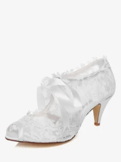 Chaussures de mariée à talons en dentelle blanc avec ruban Mary Janes
