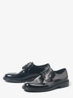 Chaussures Derby pour hommes en cuir véritable noir bout rond à lacets pour soirées et bals de promo