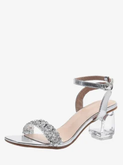Chaussures de soirée argentées à talons compensés et paillettes bout ouvert pour le bal de promo