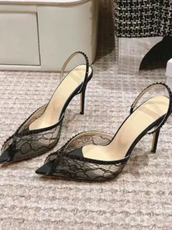 Chaussures de soirée en dentelle à bout ouvert et strass noirs chaussures de soirée à talons hauts et bride arrière