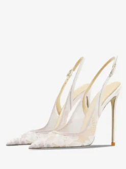 Chaussures de soirée en dentelle blanches à bout pointu et talon haut