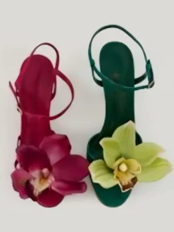 Chaussures de soirée en satin pour femmes bout ouvert détails floraux talons hauts