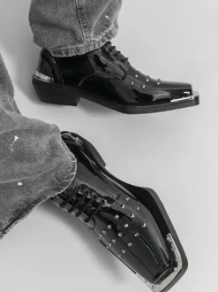 Chaussures de soirée noires pour hommes bout carré lacets et perles