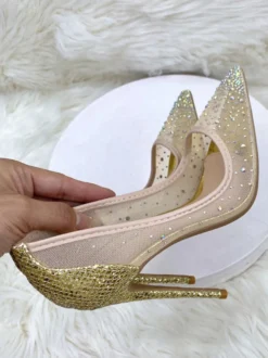 Chaussures de soirée à talons hauts en maille strass bout pointu chaussures de mariage à talons aiguilles