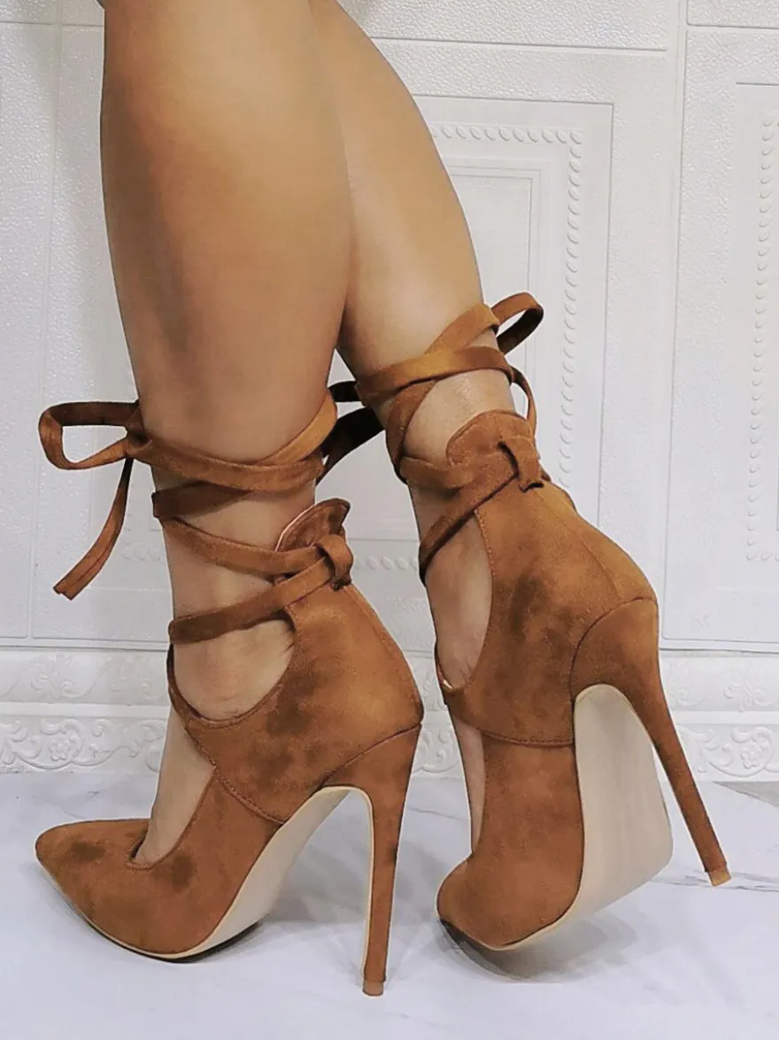 Chaussures de soirée à talons hauts café marron bout pointu talon aiguille chaussures de soirée à lacets