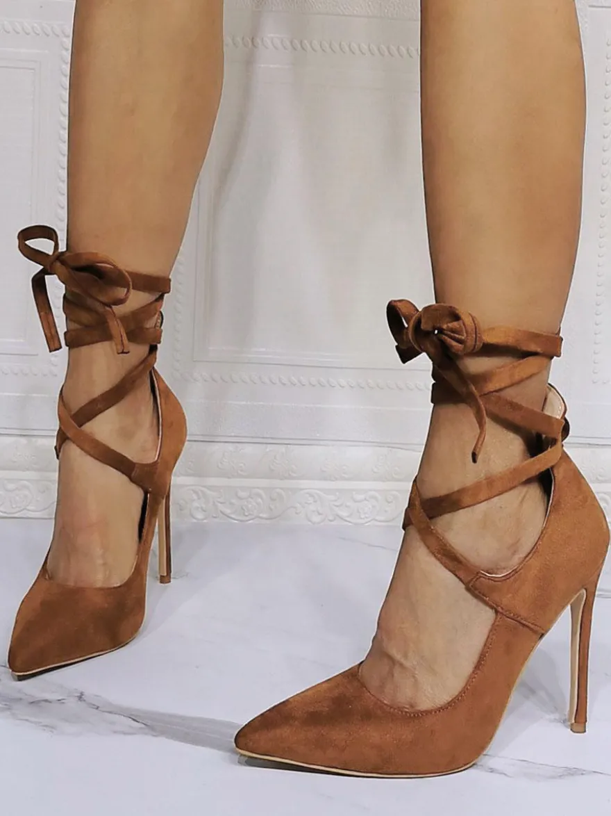 Chaussures de soirée à talons hauts café marron bout pointu talon aiguille chaussures de soirée à lacets