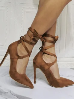 Chaussures de soirée à talons hauts café marron bout pointu talon aiguille chaussures de soirée à lacets