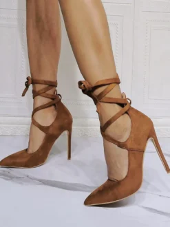 Chaussures de soirée à talons hauts café marron bout pointu talon aiguille chaussures de soirée à lacets