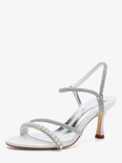 Chaussures de soirée à talons hauts en satin bout ouvert brides et perles