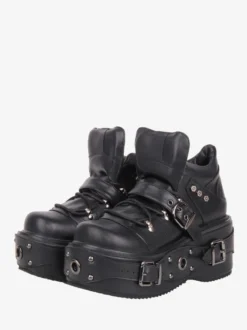 Chaussures Gothic Lolita noires à plateforme et œillets en cuir PU