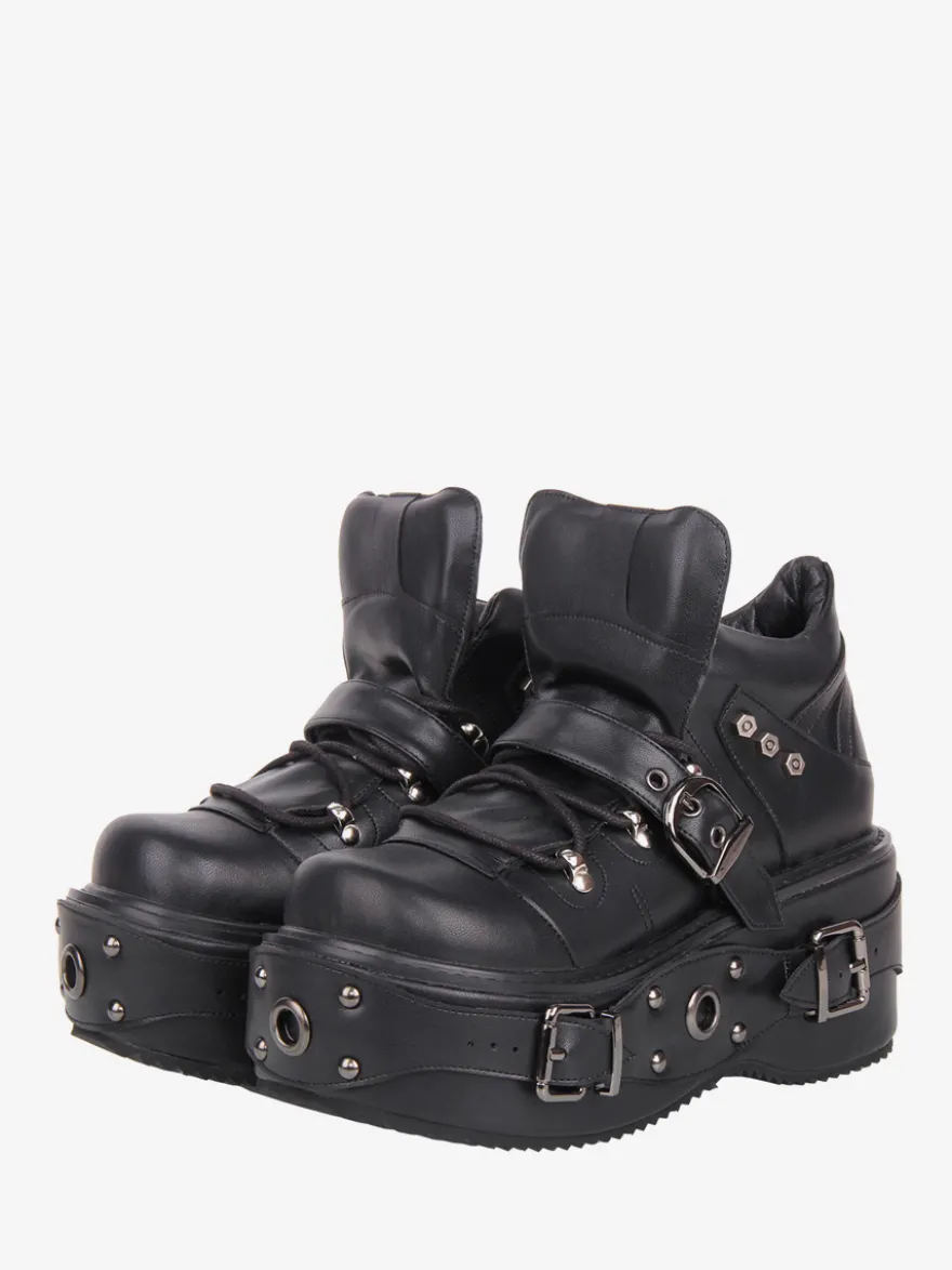 Chaussures Gothic Lolita noires à plateforme et œillets en cuir PU