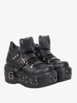 Chaussures Gothic Lolita noires à plateforme et œillets en cuir PU