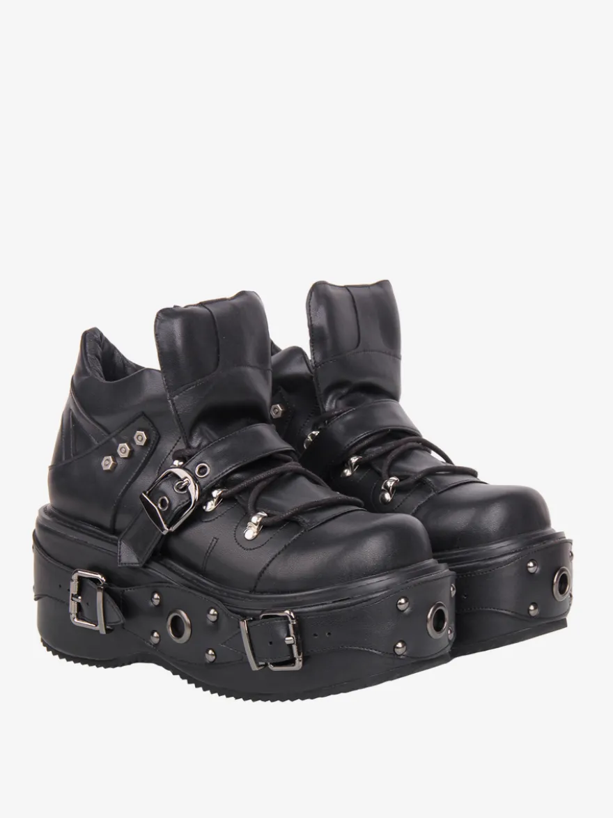 Chaussures Gothic Lolita noires à plateforme et œillets en cuir PU