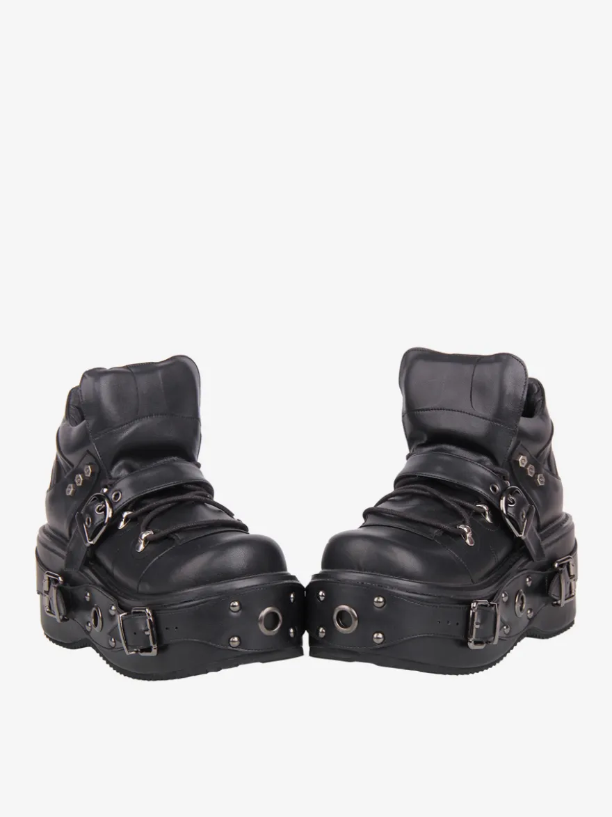 Chaussures Gothic Lolita noires à plateforme et œillets en cuir PU
