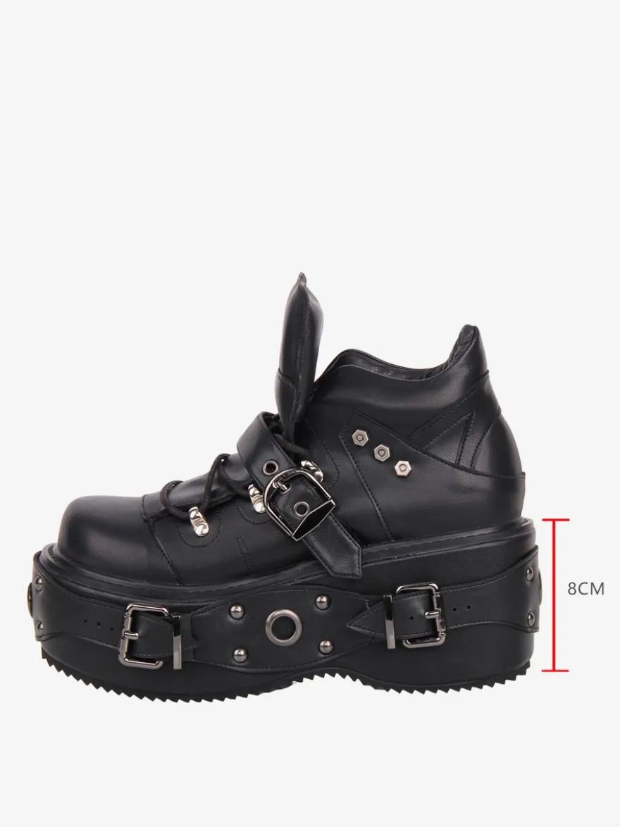 Chaussures Gothic Lolita noires à plateforme et œillets en cuir PU