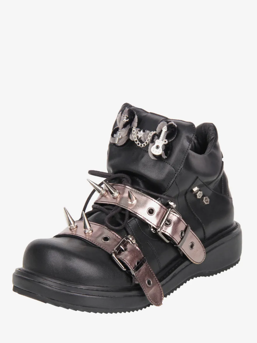 Chaussures Gothic Lolita noires à rivets en cuir PU et talon compensé
