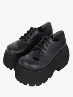 Chaussures gothiques épais Lolita noires en cuir PU à bout rond