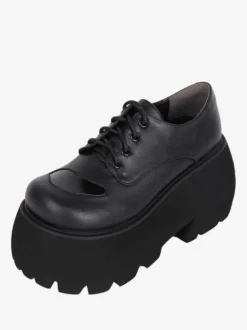Chaussures gothiques épais Lolita noires en cuir PU à bout rond
