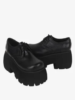 Chaussures gothiques épaisses Lolita noires en cuir PU à bout rond Lolita
