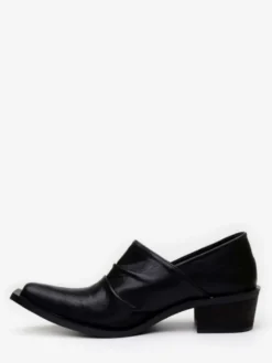 Chaussures habillées noires pour hommes bout pointu talon épais froncé à enfiler