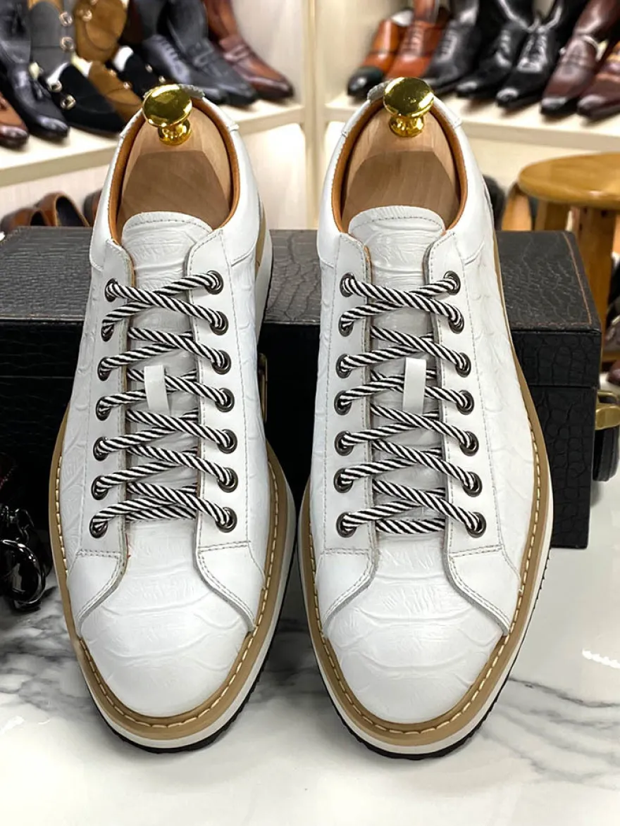 Chaussures habillées pour hommes motif crocodile à lacets faites à la main en cuir véritable