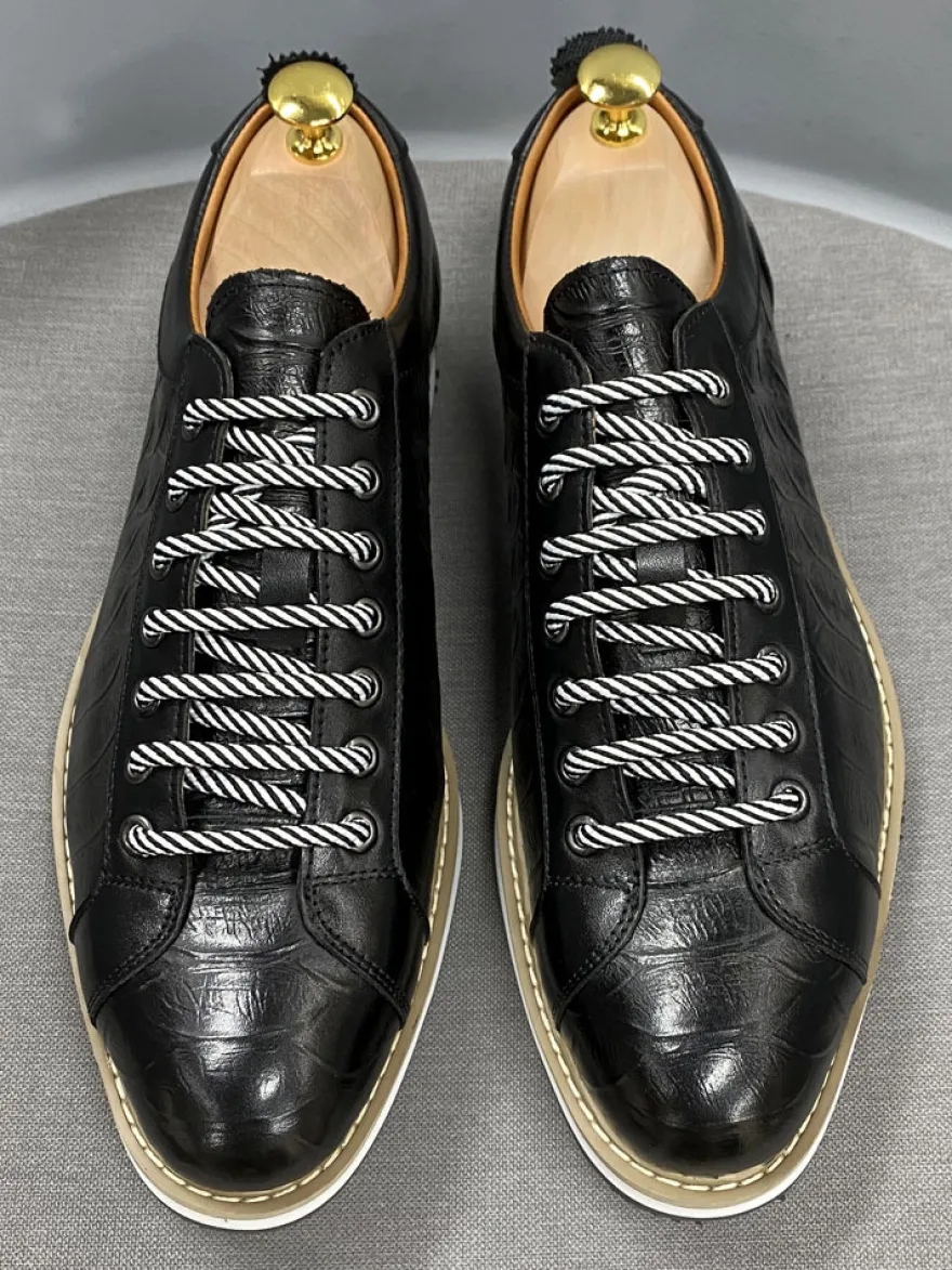 Chaussures habillées pour hommes motif crocodile à lacets faites à la main en cuir véritable