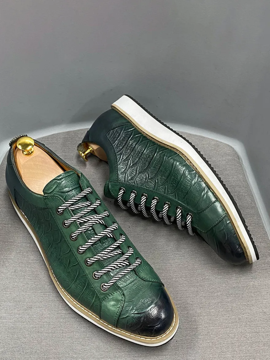 Chaussures habillées pour hommes motif crocodile à lacets faites à la main en cuir véritable