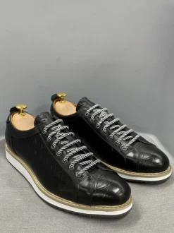 Chaussures habillées pour hommes motif crocodile à lacets faites à la main en cuir véritable