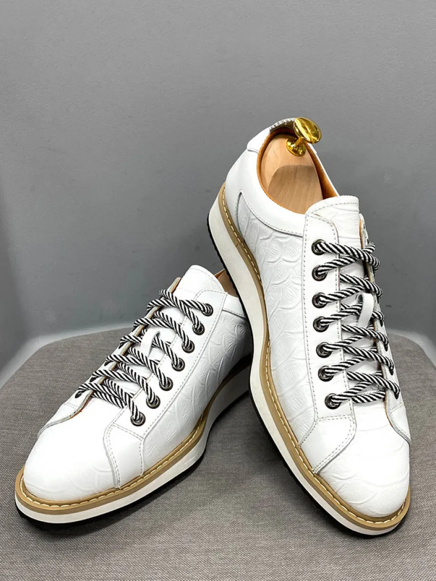 Chaussures habillées pour hommes motif crocodile à lacets faites à la main en cuir véritable