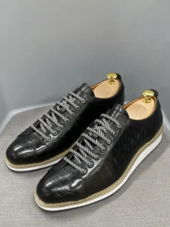 Chaussures habillées pour hommes motif crocodile à lacets faites à la main en cuir véritable