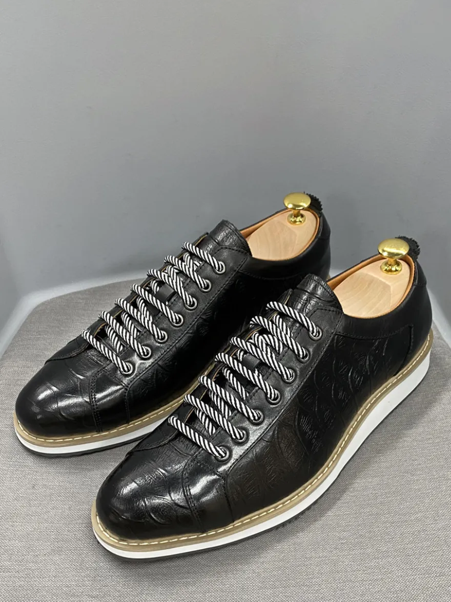 Chaussures habillées pour hommes motif crocodile à lacets faites à la main en cuir véritable