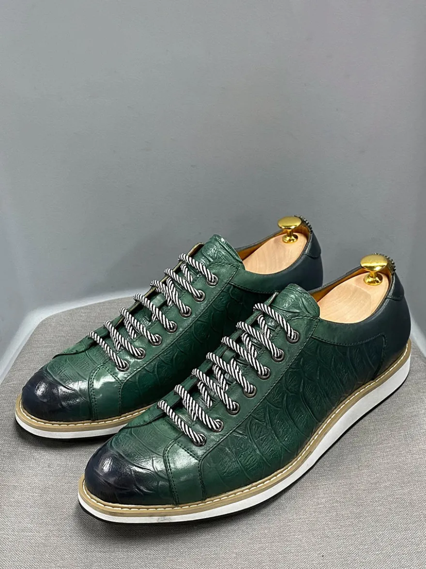 Chaussures habillées pour hommes motif crocodile à lacets faites à la main en cuir véritable