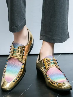 Chaussures habillées pour hommes patchwork bout rond clous décoratifs derbies basses antidérapantes chaussures de bal