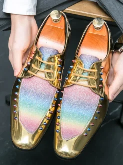 Chaussures habillées pour hommes patchwork bout rond clous décoratifs derbies basses antidérapantes chaussures de bal