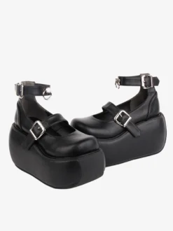 Chaussures Lolita Gothiques Oeillets Noirs Cuir PU Talon Compensé Chaussures Lolita