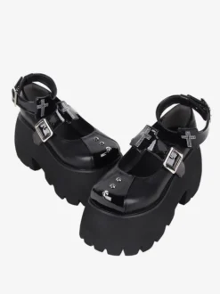 Chaussures Lolita Gothiques Escarpins Lolita à Talons Compensés en Cuir PU Métallisé à Rivets Noirs