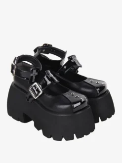 Chaussures Lolita Gothiques Escarpins Lolita à Talons Compensés en Cuir PU Métallisé à Rivets Noirs