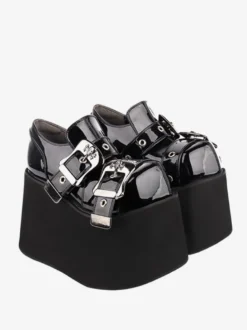 Chaussures Lolita gothiques Œillets noirs Escarpins Lolita à talons compensés en cuir PU