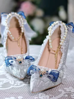 Chaussures Lolita Hime de mariage douces bloc de couleur argenté volants nœuds bout pointu escarpins Lolita