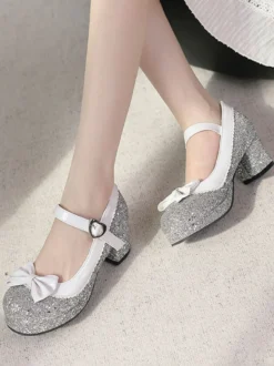Chaussures Lolita Mignonne Paillettes Bout rond Chaussures Lolita en cuir PU