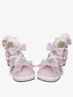 Chaussures Lolita roses à talons épais en cuir avec nœud papillon Mary Janes Kawaii Lolita