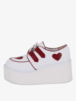 Chaussures Lolita Steampunk blanches à lacets motif cœurs chaussures Lolita à talons compensés en cuir PU