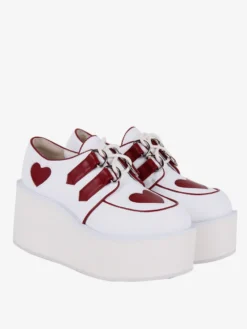 Chaussures Lolita Steampunk blanches à lacets motif cœurs chaussures Lolita à talons compensés en cuir PU