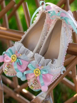 Chaussures Lolita style ROCOCO bleu ciel clair blocs de couleurs nœuds dentelle volants bout rond escarpins Lolita en cuir PU