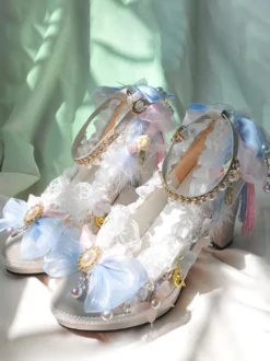Chaussures Lolita Style Rococo Perles Blanches Volants Talon Chunky Escarpins Lolita