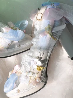 Chaussures Lolita Style Rococo Perles Blanches Volants Talon Chunky Escarpins Lolita