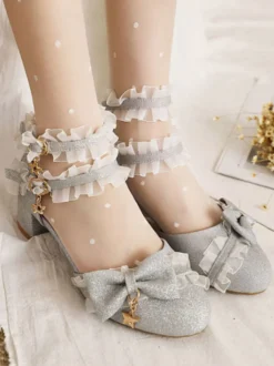 Chaussures Lolita Style ROCOCO Light Sky Blue Ruffles Escarpins Lolita à talons épais en cuir PU