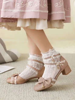 Chaussures Lolita Style ROCOCO Light Sky Blue Ruffles Escarpins Lolita à talons épais en cuir PU