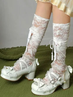 Chaussures Lolita style ROCOCO escarpins Lolita violets à chaînes perles nœuds bout rond en cuir PU